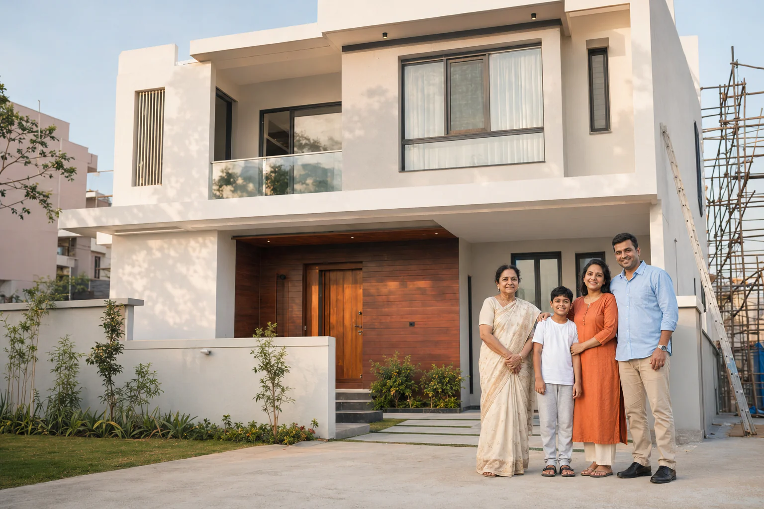 A family outside their completed home in Bangalore